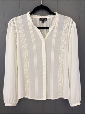 J. Crew Ivory Lace-Trim Buttonless Peasant Blouse